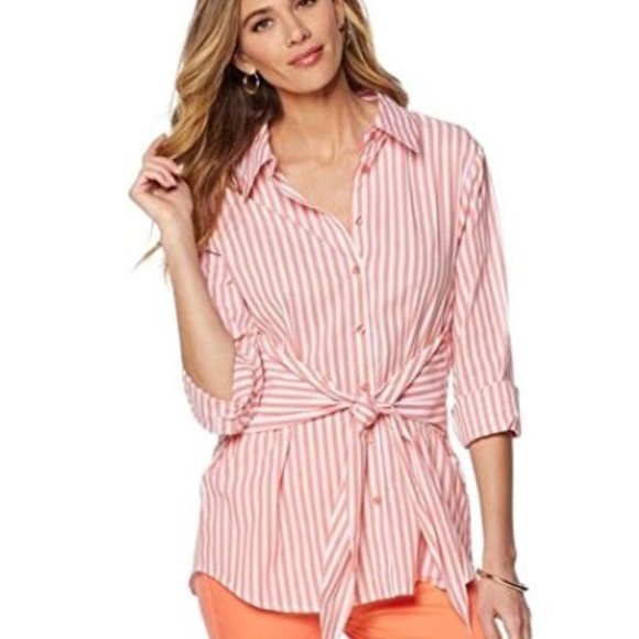 Diane Gilman Tops - Diane Gilman DG2 Tie Front Striped Poplin Top